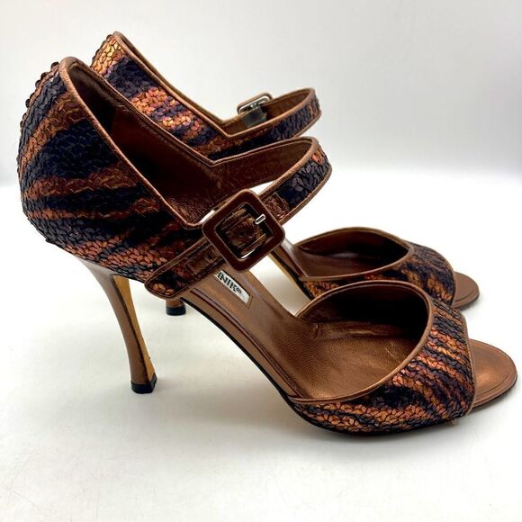 Manolo Blahnik Bronze Sequin/Leather Heels Size 39,5/9,5 - Picture 2 of 12